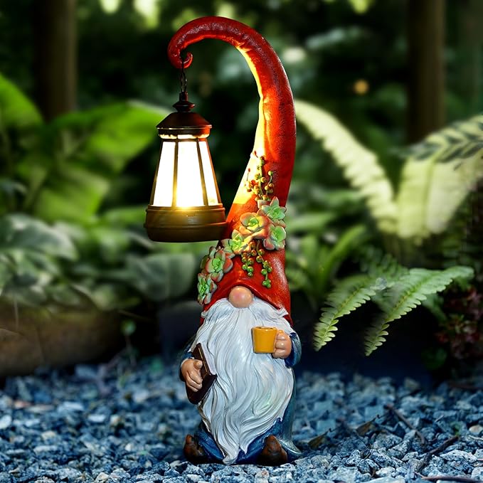 Garden Gnomes Outdoor Statue Solar Powered Gnome Decor Ornament Lantern Lit Court for Yard,Lawn,Patio, Balcony Birthday Gifts for Mom Grandma