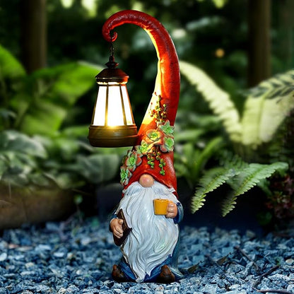 Garden Gnomes Outdoor Statue Solar Powered Gnome Decor Ornament Lantern Lit Court for Yard,Lawn,Patio, Balcony Birthday Gifts for Mom Grandma