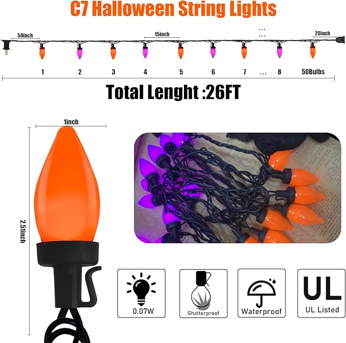 Purple and Orange Halloween Lights, 26FT 50 Count Halloween C7 LED String Lights for Indoor/Outdoor Use, Purple Orange Lights for Patio Home Party Garden Yard-Black Wire