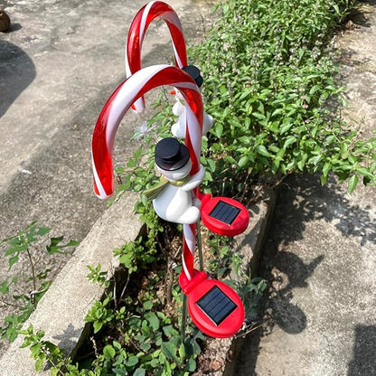 2 Pieces Set 27 Inch Christmas Solar Snowman Candy Cane Lights Pathway Markers Waterproof Outdoor Landscape Lights Decor Garden Spotlights for Xmas Party Lawn Wedding Festival CCN2
