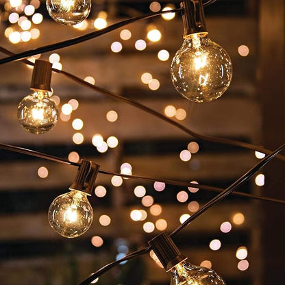 Abeja 25Ft Outdoor Patio String Lights with 27 Clear G40 Bulbs, UL Listed for Porch Bars Deck Wedding Party Markets Decor, 5W, E12 Socket Base, Brown