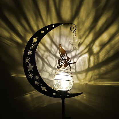 Solar Lights Outdoor Garden,Moon Fairy Solar Light, Decorations Crackle Glass Globe with Angel Pathway Stake Light, Waterproof Lights for Pathway Lawn Patio, Black