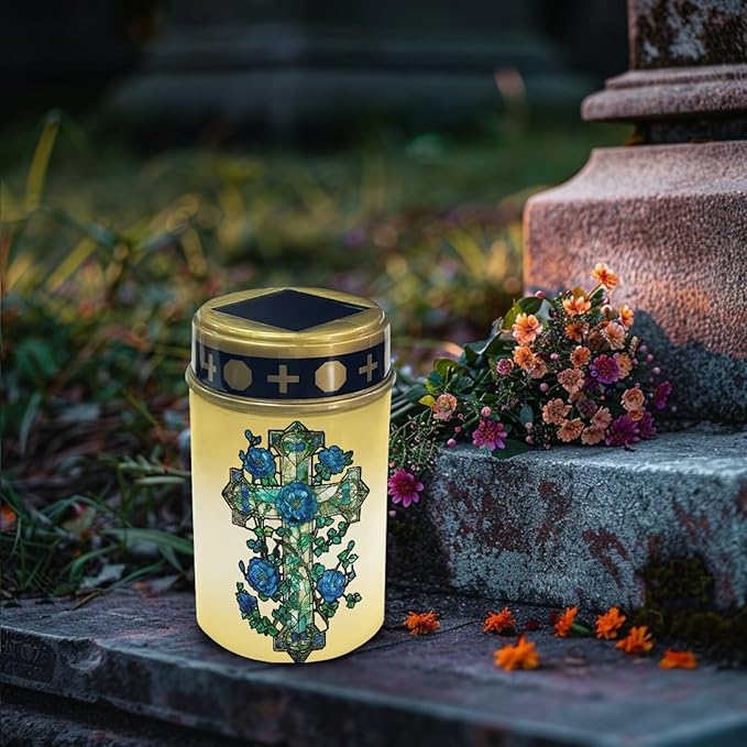 Cross Blue Rose Solar Cemetery Light Holder, Grave Decorations for Cemetery, Solar Lights for Cemetery, Grave Markers for Cemetery Grave Outdoor
