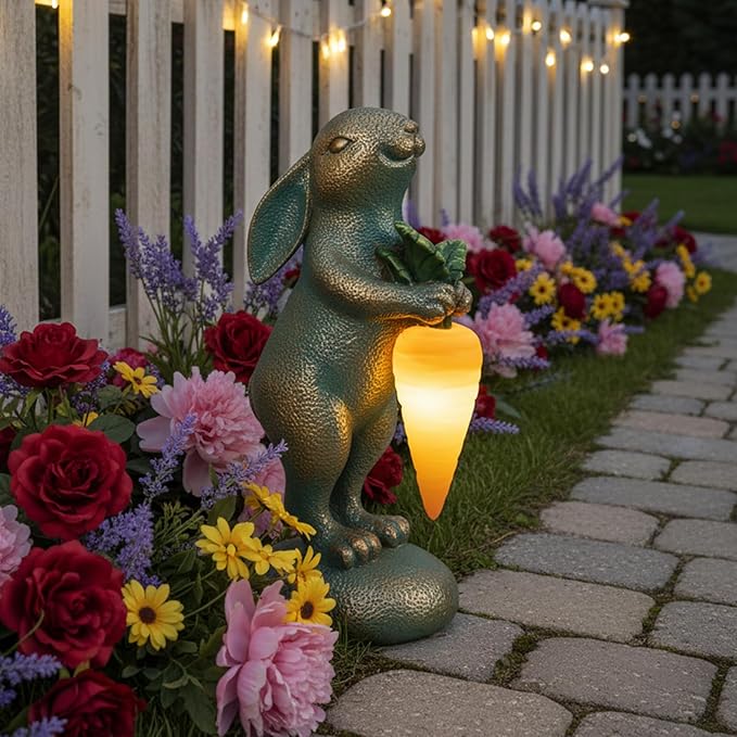 PETAFLOP Solar Garden Rabbit Statue Decor, Easter Bunny Figurine for Patio Yard Balcony Outdoor Home, Birthday Housewarming Gifts for Mom Grandma