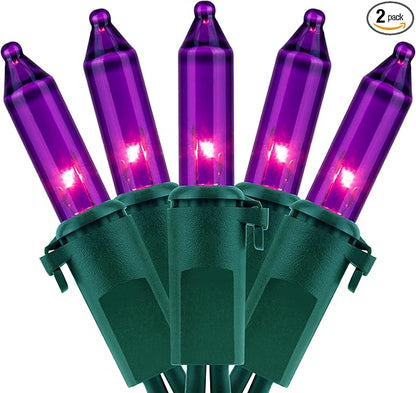 YULETIME 200 Purple Christmas Lights, Pack of 2 Sets 33 Feet 100 Count UL Certified Incandescent String Lights (Purple- Green Wire)