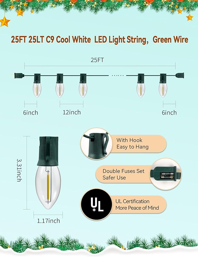 Vintage C9 Christmas Lights Outdoor - 25FT Strand with 25 LED Bulbs, UL Certified Waterproof Green Wire String Lights for Classic Holiday Decorations on Roofline, Patio, and Christmas Tree