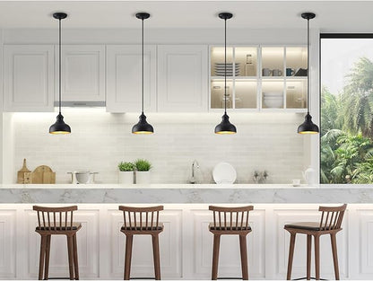 7in Dome Black Farmhouse Barn Pendant Light with Brass Interior, 2 Pack Outdoor Porch Hanging Lamp Small Industrial Barn Style Pendant Lighting for Bedroom Kitchen Hallway, Height Adjustable
