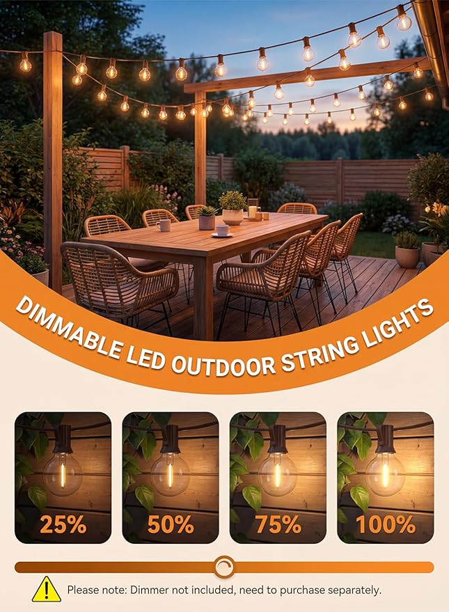SUNSGNE 25FT Brown Outdoor String Lights, Shatterproof LED Globe String Lights with G40 Bulbs, Waterproof Connectable Hanging Light for Backyard Patio Porch Balcony Party Decor, E12 Base