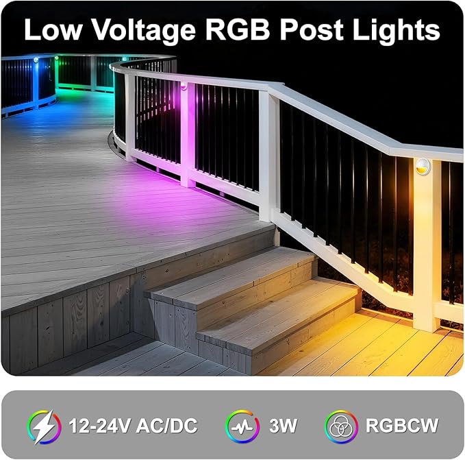 RGB Deck Lights Outdoor, 3W 12V Color Changing Low Voltage Post Lights for Outdoor Waterproof Deck Post Fence | Lumora