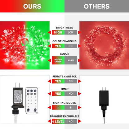 JMEXSUSS 100 LED Red & Green Christmas Lights Plug in, Christmas String Lights Indoor, 33ft Connectable Color Changing Light Outdoor for Party Decor