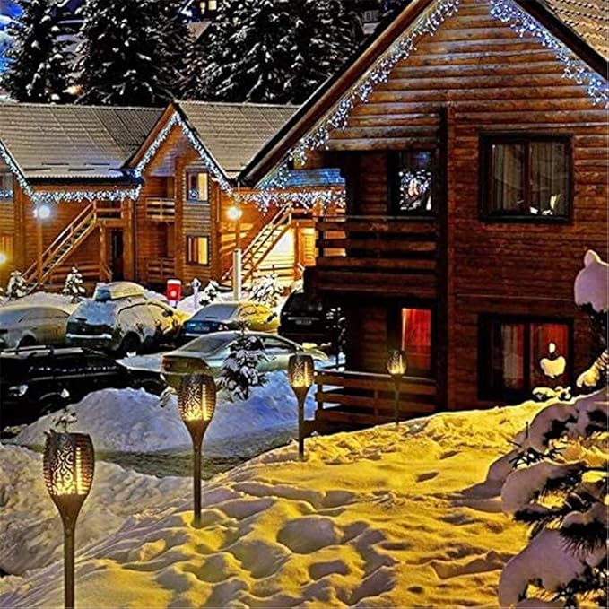 Ulalaza 2Pcs Solar Outdoor Lights 12 LED Flickering Flames Torch Light Waterproof Landscape Ligh Auto On/Off Path Lights