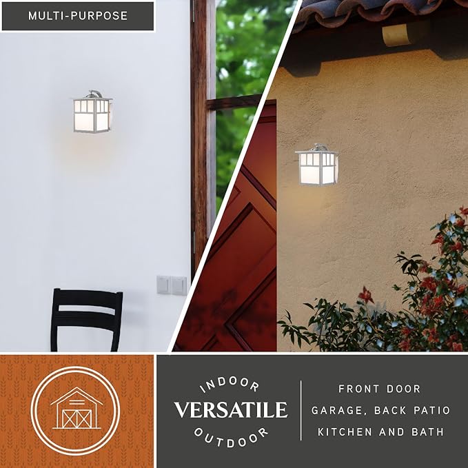 VAXCEL Mission 9.5 in. H 1-Light Stainless Steel Mission Outdoor Wall Sconce Made of Durable Steel, White Tiffany | Lumora