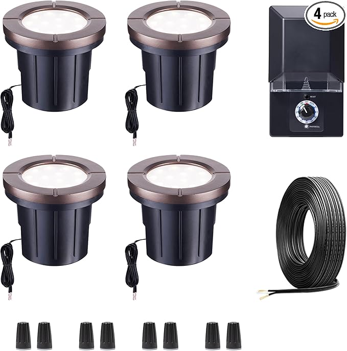 Landscape Well Lights Kit, 4 Pack LED Low Voltage Ground Lights and 100W Transformer - Outdoor Lighting Accessory | Lumora