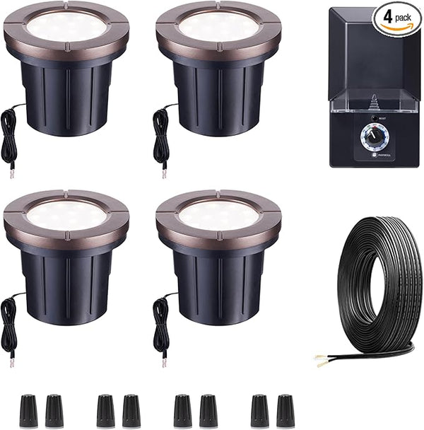 Landscape Well Lights Kit, 4 Pack LED Low Voltage Ground Lights and 100W Transformer - Outdoor Lighting Accessory | Lumora