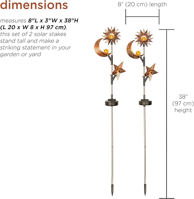 Alpine Corporation 38" Tall Solar Celestial Garden Stakes with Warm White LED Lights Sun, Moon and Star, Outdoor Decor - Set of 2