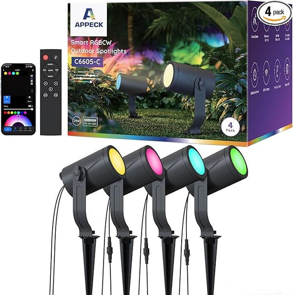 APPECK Smart Outdoor Spot Lights 24W, RGBCW Color Changing Landscape Lights 4 Pack, IP65 Waterproof Low Voltage | Lumora