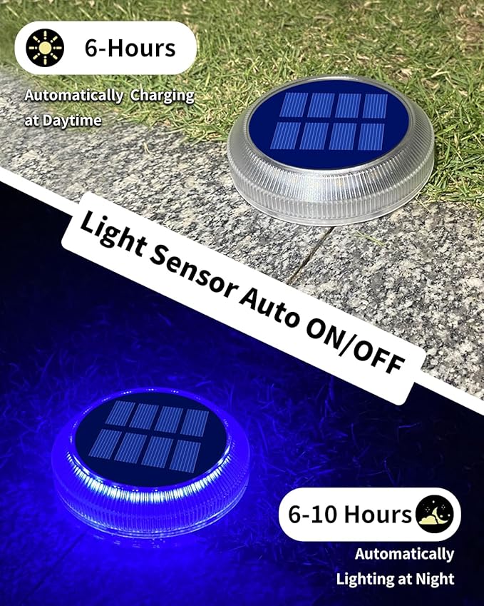 6 Packs Solar Driveway Lights, Blue Dock Deck Lights Solar Powered Outdoor IP68 Waterproof, Stick on Light for | Lumora