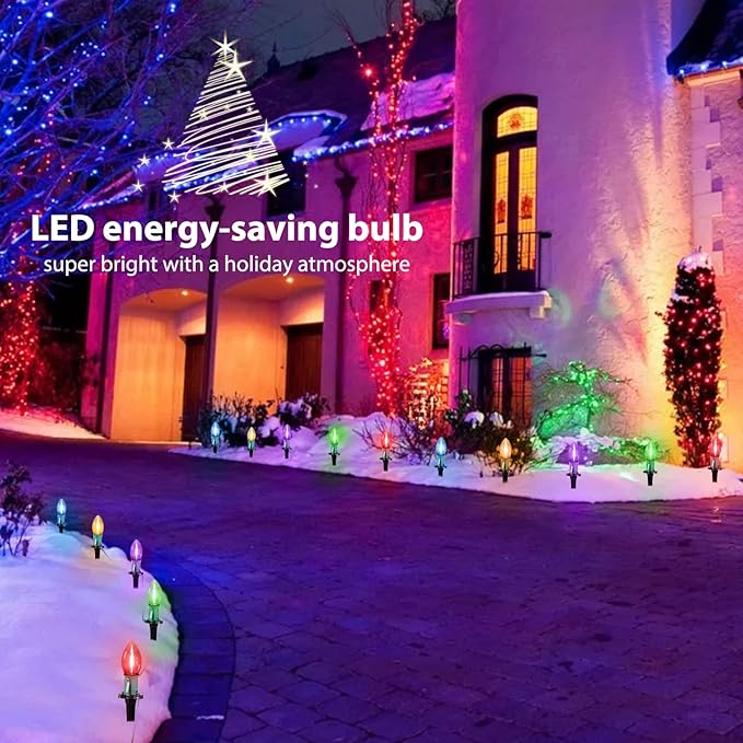 Brightown C9 Christmas Lights Outdoor, 4 Packs Total 103 Ft Christmas Pathway Lights with 80 LED Bulbs and Stakes, Connectable Outdoor Christmas Decorations Yard Walkway Sidewalk Holiday, Multicolor