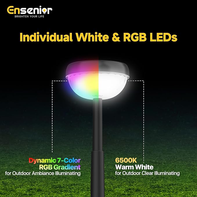 Ensenior Solar Pathway Lights IP65 Waterproof, RGB Color Changing & 6500K Cool White, 8-16Hr Runtime, Flower | Lumora