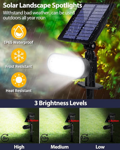 Solar Spot Lights Outdoor, 3 Lighting Modes Landscape Spotlights, IP65 Waterproof Solar Powered Outside Lights for Garden Yard Pathway Tree Flag, Cool White, 2 Pack