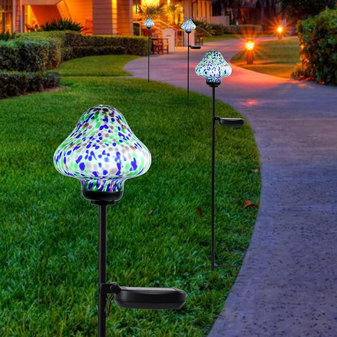 Bshine Mushroom Solar Outdoor Lights, Mosaic Mushroom Lamp Hand-Blown Glass Waterproof Metal Stakes Decorate | Lumora