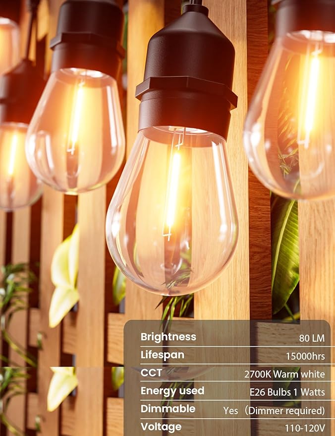Svater Outdoor String Lights 200 FT, E26 Socket, 64pc S14 Shatterpoof Bulbs, 1 Watt Dimmable 2700K Warm White, IP65 | Lumora