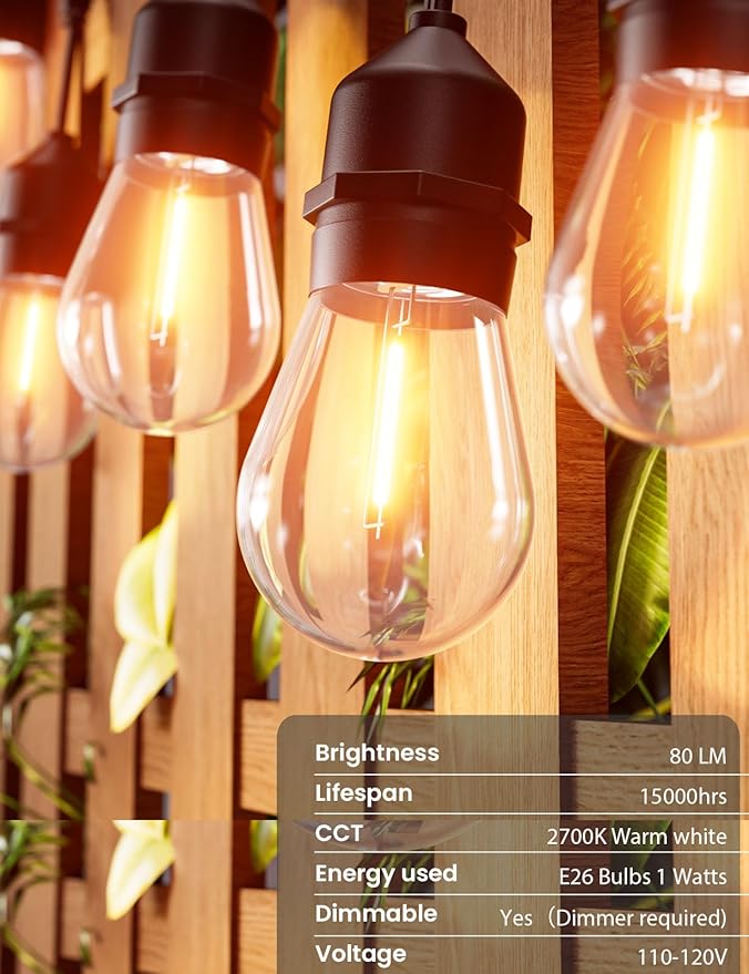 Svater Outdoor Led String Lights 25 FT, Patio Lights for Outside with 9pcs S14 Shatterproof Bulbs, 1 Watt E26 | Lumora