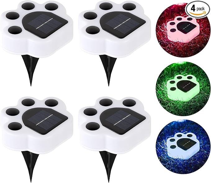 4Pack Color Changing Solar Paw Print Lights - Outdoor Waterproof, Dog Paw Animal Footprint Yard Lights