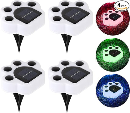 4Pack Color Changing Solar Paw Print Lights - Outdoor Waterproof, Dog Paw Animal Footprint Yard Lights