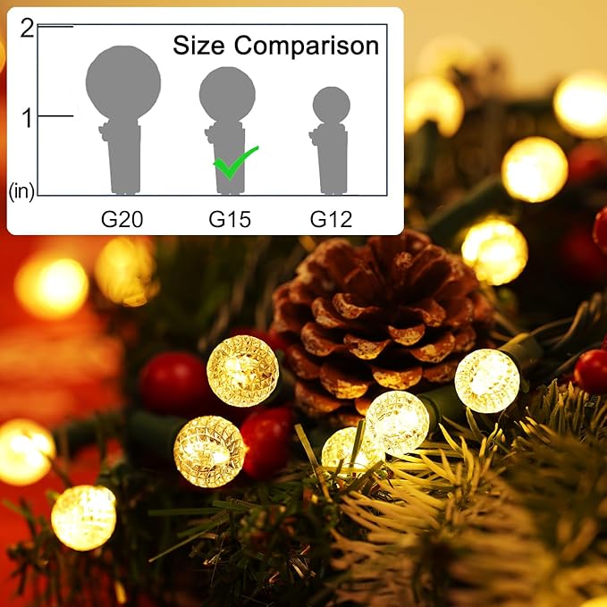 BOHON Warm White Christmas Lights 17FT 50 LED Faceted G15 Globe String Lights Outdoor Plug in Commercial Lighting Grade Tree Decorations for Indoor Xmas Decor, Green Wire, Waterproof