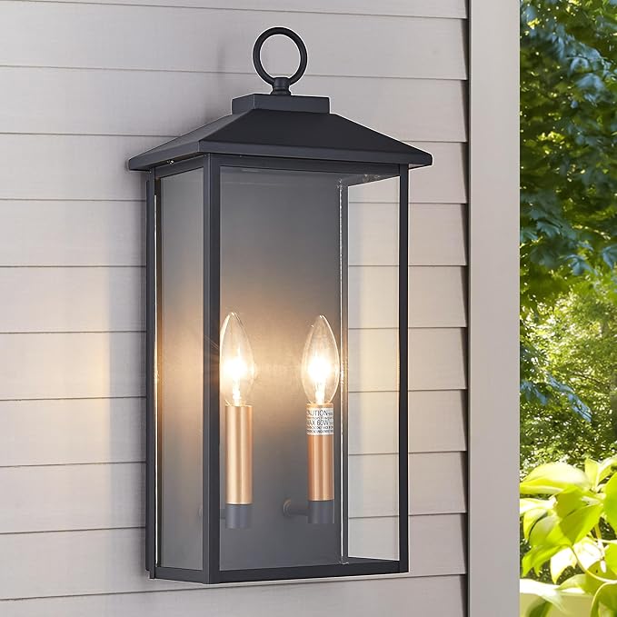 18 Inch Wall Light in Clear Glass and Textured Black and Golden Candle Cap Sleeve,Outdoor Lighting Wall | Lumora
