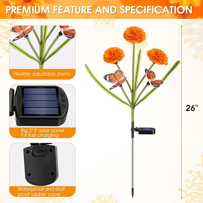 Solar Flowers Outdoor Waterproof, Unique Solar Powered LED Marigold Stake Lights with Monarch Butterflies for | Lumora