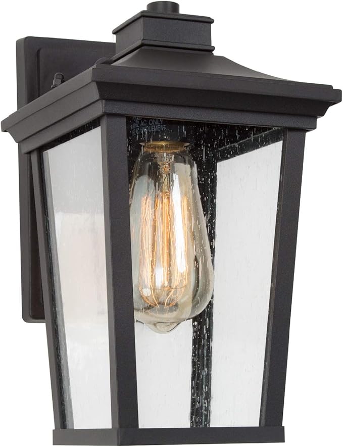 LALUZ Outdoor Porch Light Fixture Exterior Wall Sconce Lantern Mount with Seeded Glass for Patio, Balcony, Front Door, Entryway or Corridor (Black Finish), A03319s