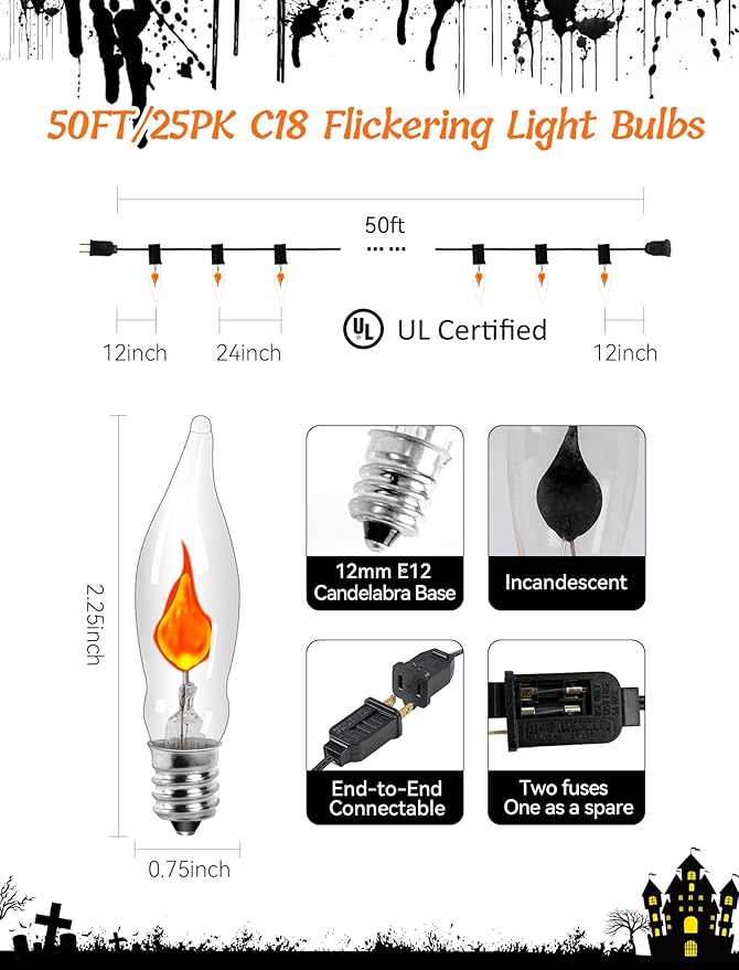 50Ft Heavy-Duty Outdoor String Lights with 25 Flame Effect Bulbs | Waterproof & UL-Listed for Party, Deck, Pergola & Camping | Bright, Connectable & Perfect for Events