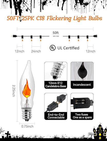 50Ft Heavy-Duty Outdoor String Lights with 25 Flame Effect Bulbs | Waterproof & UL-Listed for Party, Deck, Pergola & Camping | Bright, Connectable & Perfect for Events