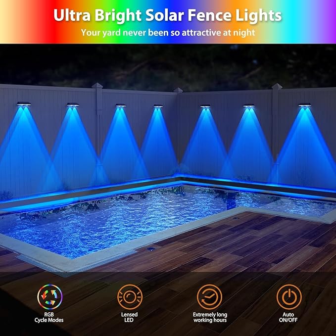 Solar Fence Lights,RGB & Warm White & 6 Colors Lens LED Dusk to Dawn Deck Light Outdoor Waterproof, Solar Outdoor Lights for Backyard/Railing/Wall/Step/Patio/Pool Set of 2