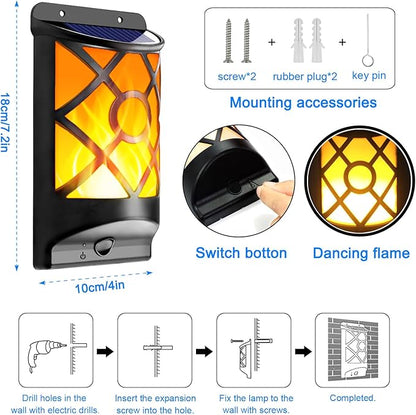6 Pack Solar Flame Lights Outdoor - Realistic 3D Flickering Flames Wall Lantern with 66 Ultra-Bright LEDs - Waterproof Auto On/Off Fire Effect Garden Decor Lighting for Fence, Patio