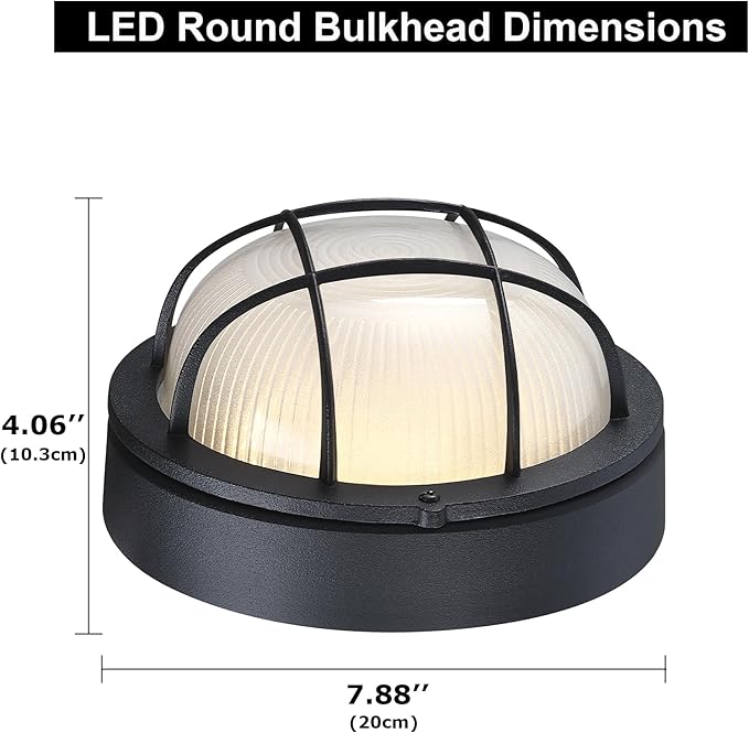 GRUENLICH 8'' Round LED Bulkhead Light Fixture, Outdoor Wall Lights Dimmable, Sauna & Exterior Lighting, ETL Rated, 15W 1500 Lumen, 3000K Warm White, Black Cast Aluminum, Wall/Ceiling Mount, 1 Pack