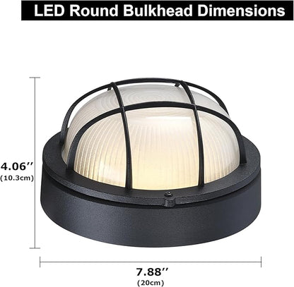 GRUENLICH 8'' Round LED Bulkhead Light Fixture, Outdoor Wall Lights Dimmable, Sauna & Exterior Lighting, ETL Rated, 15W 1500 Lumen, 3000K Warm White, Black Cast Aluminum, Wall/Ceiling Mount, 1 Pack