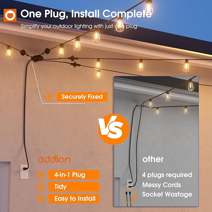 addlon 50FT Solar String Light 1-to-4 Extension Cord String Lights - 110FT Total (4x25FT String Lights + 10FT)