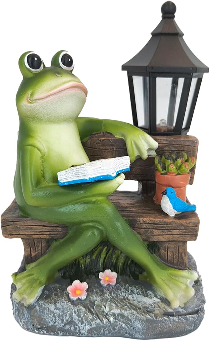 Reading Frog Solar Garden Statue with Lantern Light - Outdoor Decorative Resin Sculpture, Weather-Resistant LED Solar Figurine, for Yard, Patio, Garden Path, Porch Ambience Lighting Decor