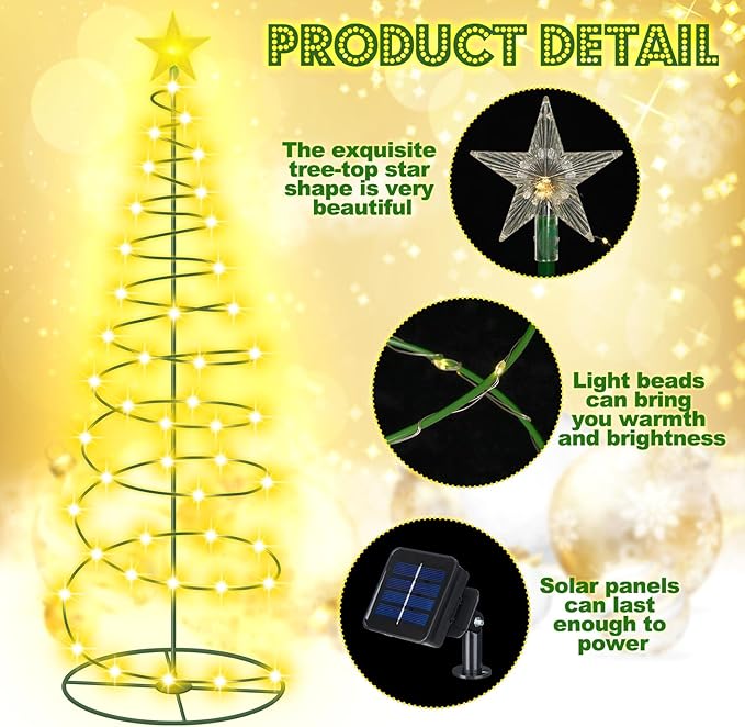 VIHOSE 3 Pcs Solar Spiral Christmas Tree Outdoor Prelit LED Light with Warm White Lights, 8 Modes, One 3 ft and Two 4 ft Light up Xmas Pathway Markers Indoor Holiday Christmas Decoration Lamp