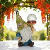 Garden Gnome Solar Light Statue - Outdoor Decorative Figurine with Crackle Glass Globe, Blue & White Floral Design | Lumora