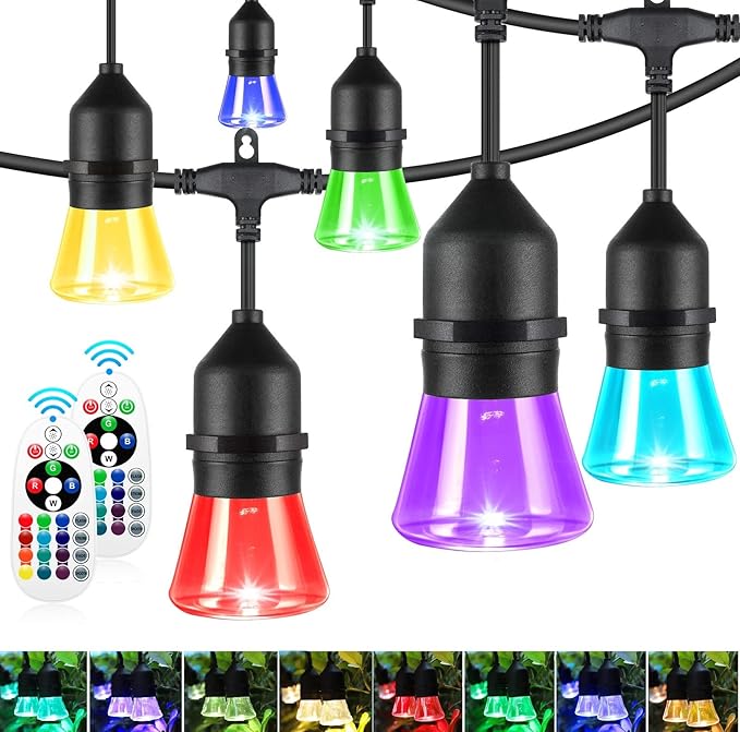 2-Pack Each 48FT Outdoor RGB Patio Lights, Cafe LED String Lights with 30+5 E26 Shatterproof Waterproof Bulbs, Christmas Colorful Dimmable String Lights for Bistro Backyard Garden, 3 Remotes, 96 FT