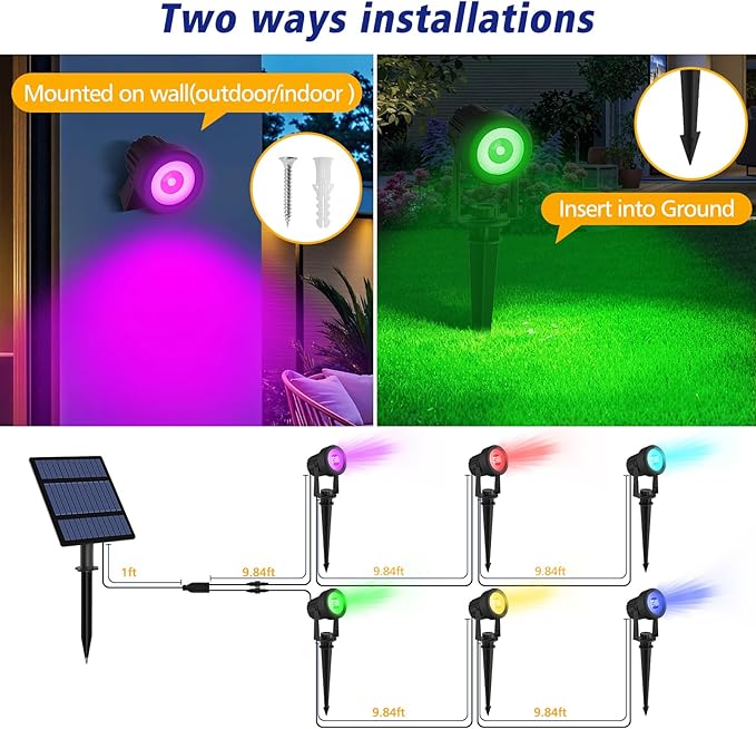 T-SUNUS RGB Solar Spot Lights Christmas Outdoor 6-in-1, Color Changing Landscape Spotlights Pond Lighting | Lumora
