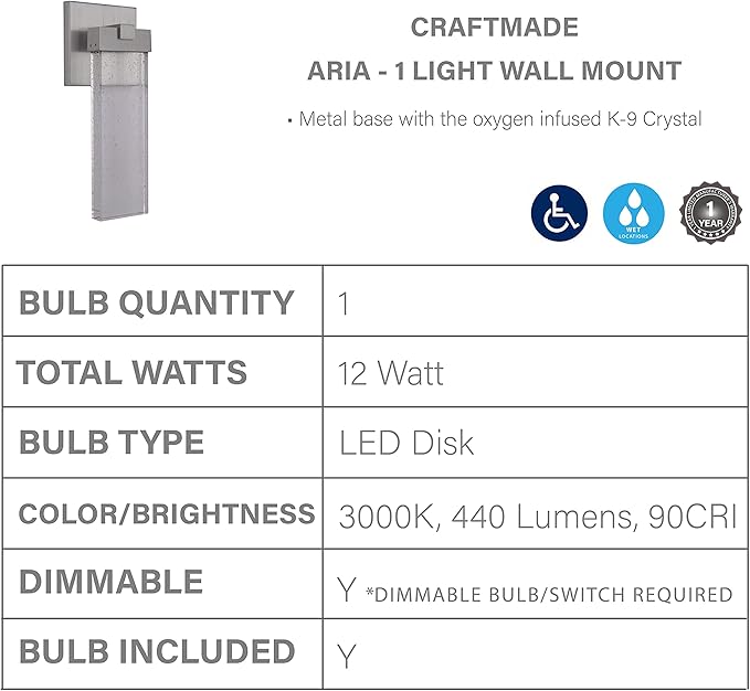 Craftmade Z1604-SA-LED Aria Crystal Outdoor LED Wall Sconce, Satin Aluminum 1-Light (6"W x 15"H) 12 Watts