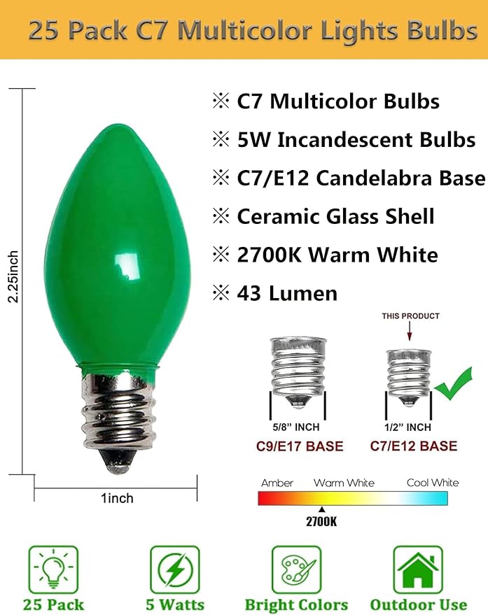 GOOTHY 25 Pack C7 Multicolor Christmas Light Bulbs, C7 Ceramic Colorful Incandescent Christmas Replacement Bulbs | Lumora