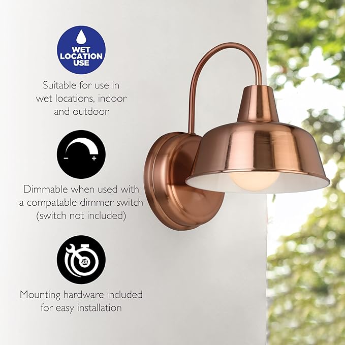 Design House Mason Farmhouse Gooseneck Barn Light, Outdoor Exterior Porch or Patio Wall Light Fixture, Copper Paint, 8 Inch Diameter, 1-Pack, 588434