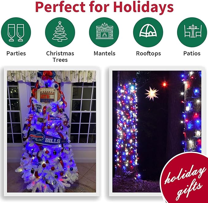 LAMPHOME Patriotic String Lights - Red White Blue Mini Lights with White Wire - 31.9Ft 300 Count UL Certified String Lights for Independence Day Patriotic Holidays Decoration (Red, White & Blue)