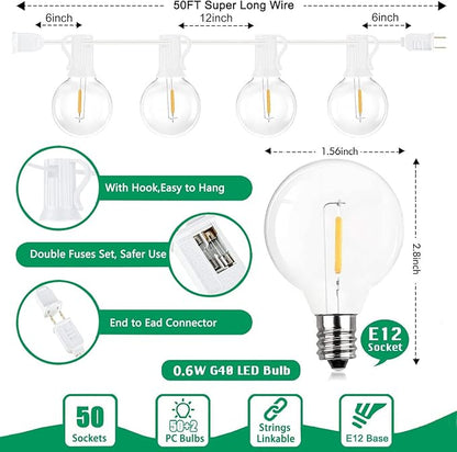 Abeja 50FT G40 LED Globe String Lights, Outdoor Patio String Lights with 50+2 Dimmable Shatterproof Bulbs, Backyard Outdoor Hanging Lights, Bistro Waterproof for Balcony Party Wedding, White Wire